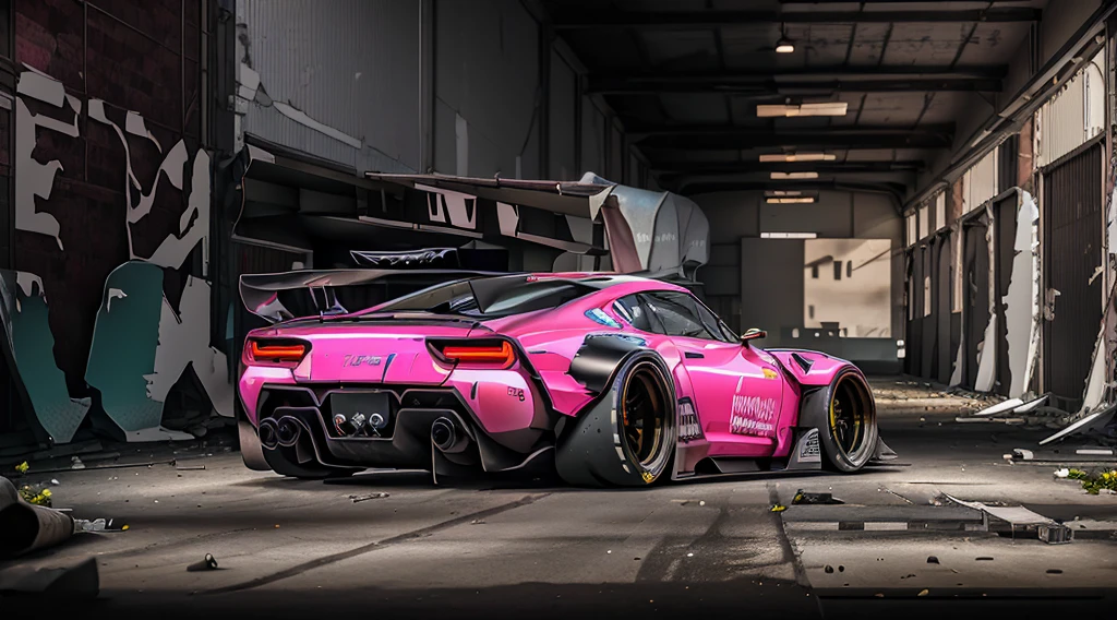 Supercar concept art((pink and black paintwork)), LB-Silhouette WORKS body kit, Forza horizon, gran Turismo aesthetic, trending on artstation, cgsociety, side angle shot, custom design build, cinematic composition, sd HDR studio light, sharp details, crisp, accurate, meticulous, assaul vehicle, military grade, 3ds max, corona render, sharp, focus, menacing look, large rear spoiler, high performance enhanced exhaust system, ((liberty walk body kit)); photo realistic, insanely detailed, ray tracing, subsurface scattering 8k, ((parked in an abandoned warehouse, derelict and lifeless space)), directional lighting, hazy and atmospheric, ominous, stealth built, highly detailed racing interior,