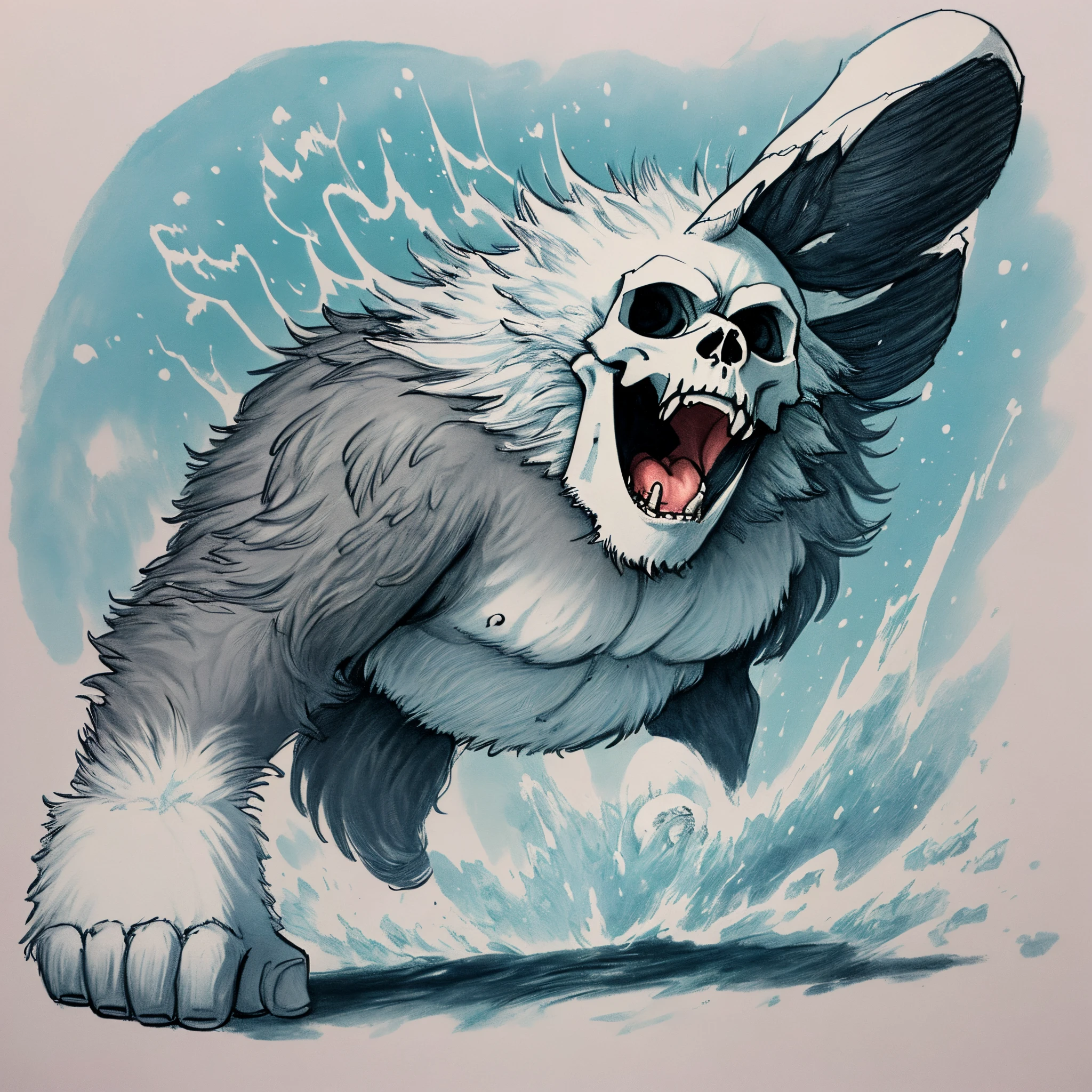 a yeti with one foot on a skull while yelling drawn in the style of american traditional with no background
