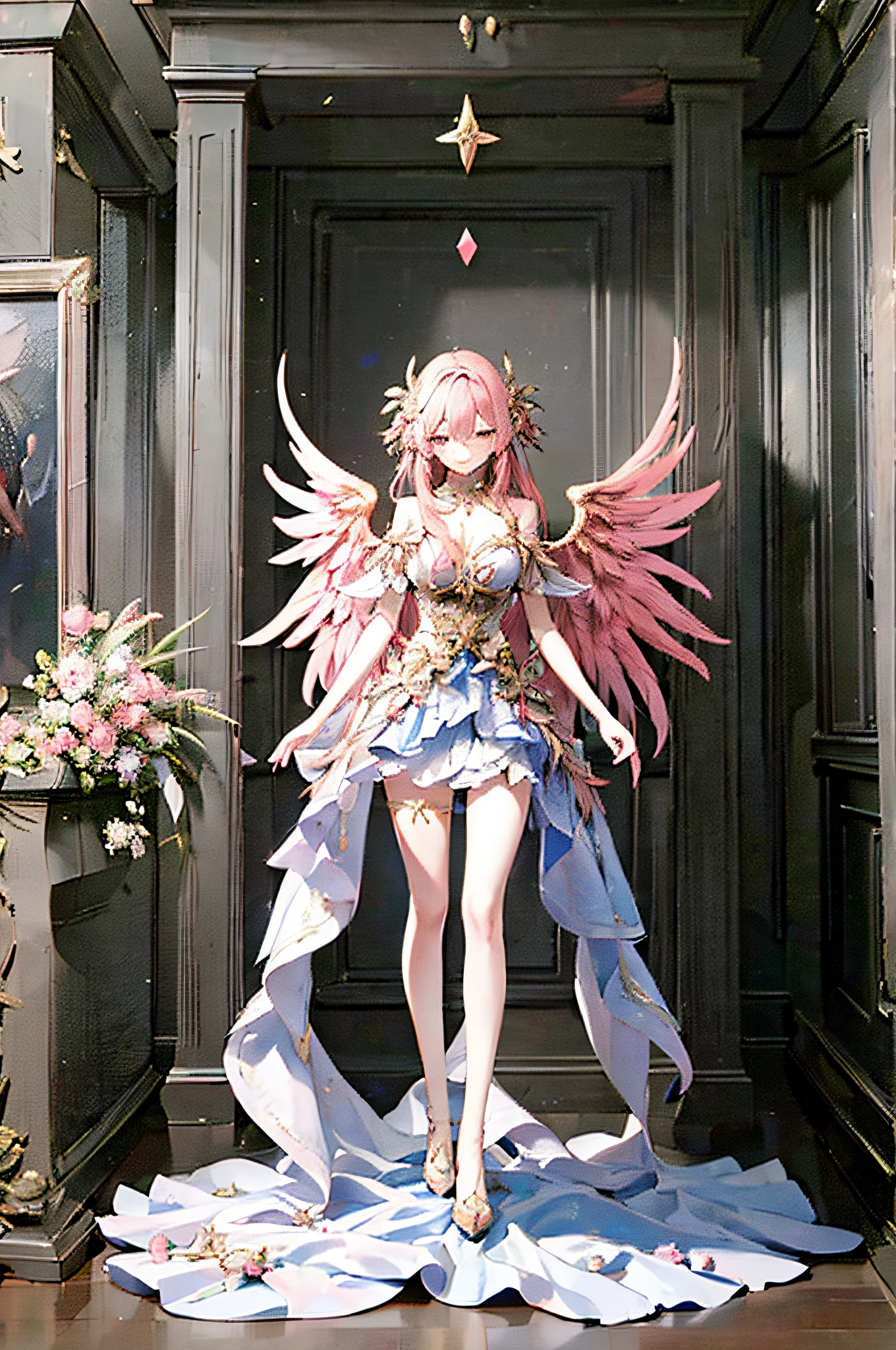 超高分辨率,Best quality,photore,4K,(actual:1.2),Leaf,1 busty girl,Long gray hair,a skirt,Feathered wings,Pink wings,off the shoulder dress,Full body lesbian,