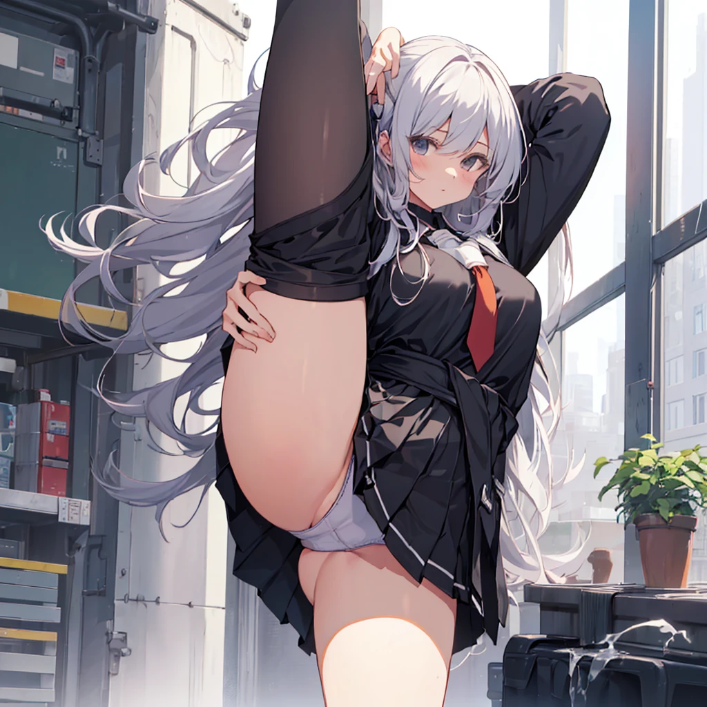 (Standing on one leg:1.2), (standing split:1.3), muscular, Hand lifting one leg, (masterpiece, best quality, ultra detailed), (beautiful stylish female:1.1, thin waist, huge breasts, thin legs, cute hips, nene, cum), (spreading legs, panties, miniskirt, school clothes ),