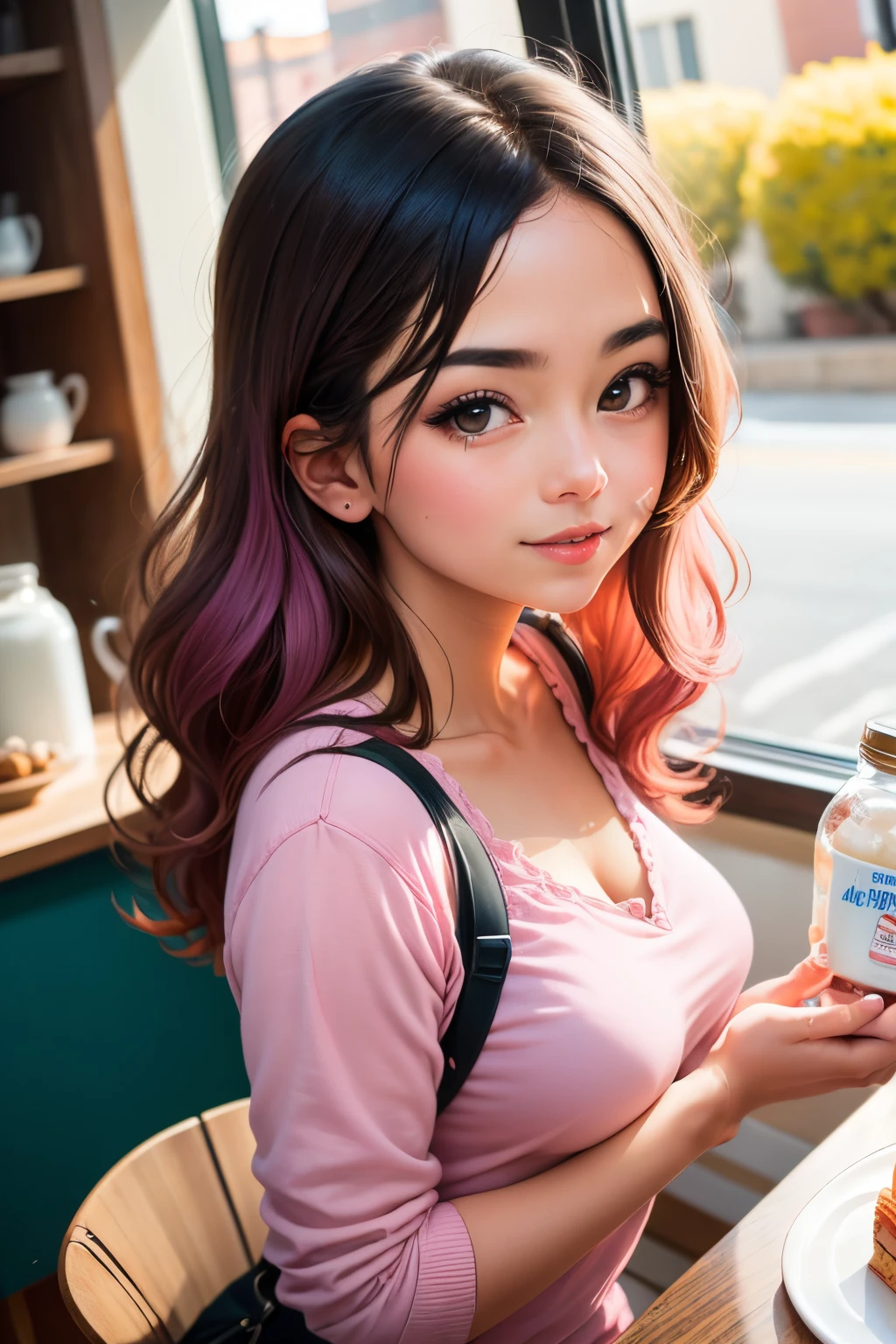 arafed girl in pink shirt holding a jar of whipped cream, taken with sony alpha 9, photo taken with sony a7r camera, photo taken with nikon d 7 5 0, photo taken with nikon d750, portait image, photo taken with canon 5d, front portrait, taken with canon 8 0 d, cake in hand