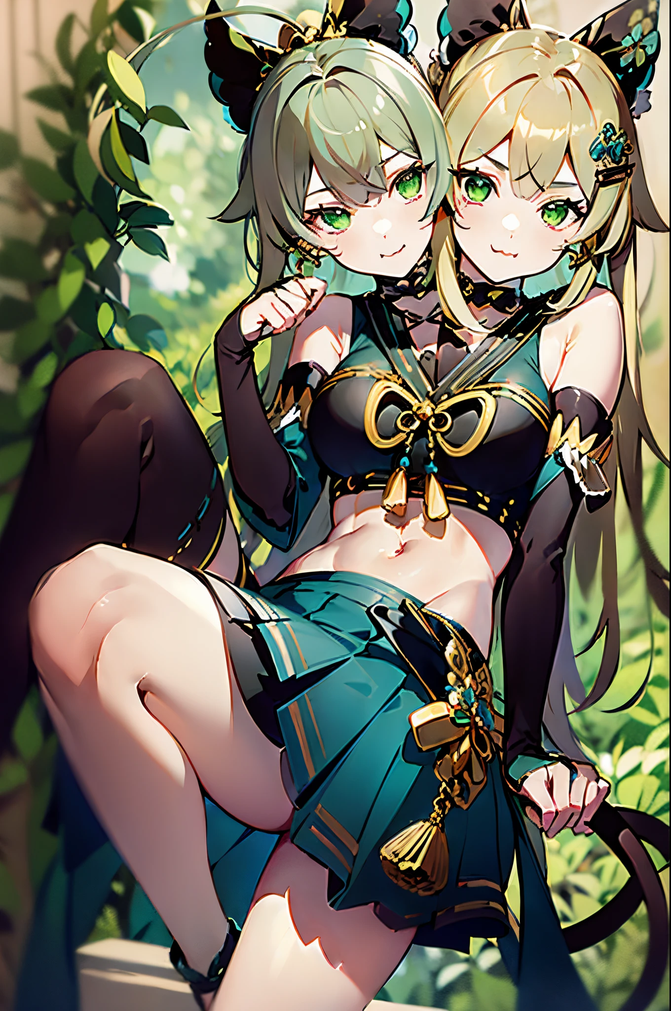 (2heads:1.5), 1girl, beautiful, green eyes, blonde hair, green eyes, ahoge, hair ornament, bare shoulders, black crop top, navel, detached sleeves, elbow gloves, fingerless gloves, tail, and skirt, nya, :3, (masterpiece), (high quality), (best resolution)