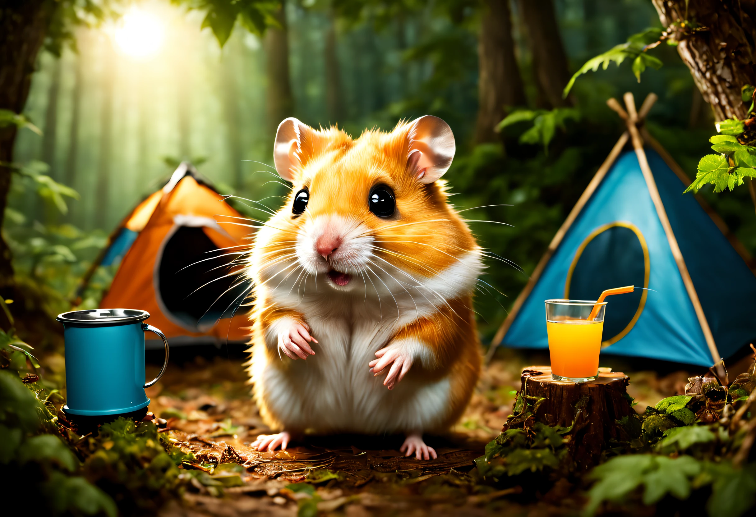 A fun adventurous hamster sitting in a chair having a drink next to his tent, in the middle of the backlit forest scene.