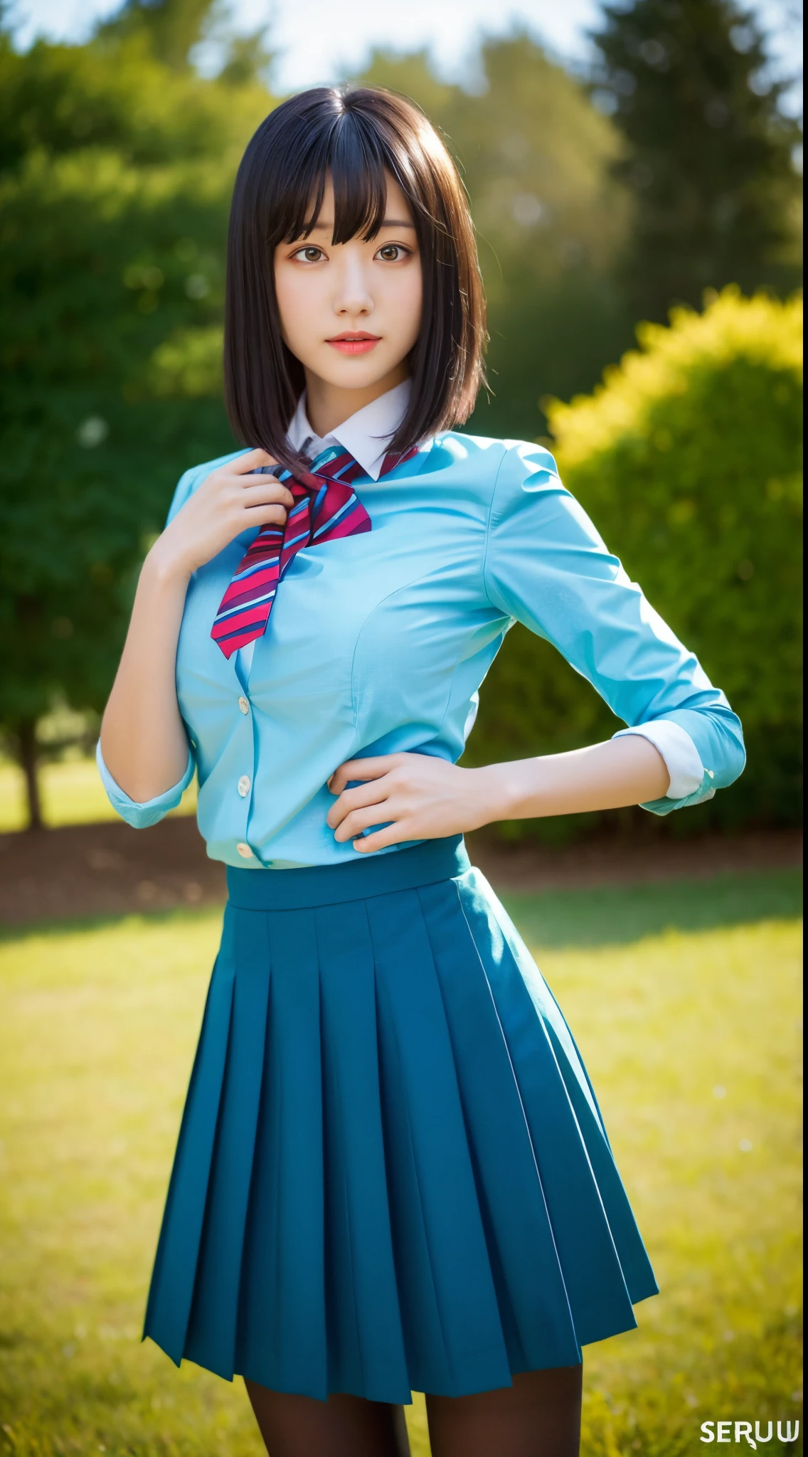 tmasterpiece, top-quality, hyper HD, Colorful, flatcolors, depth of fields, Lens flares 1 girl, black hair color hair, watch audience,  Pleated mini skirt, take off your school uniform, seravuk, black pantyhoses, Delicate touch, Detailed fabric texture, beautiful  detailed face, 30-year-old beauty, Adult atmosphere, Tokar,are standing，(mediuml breasts:1.2)