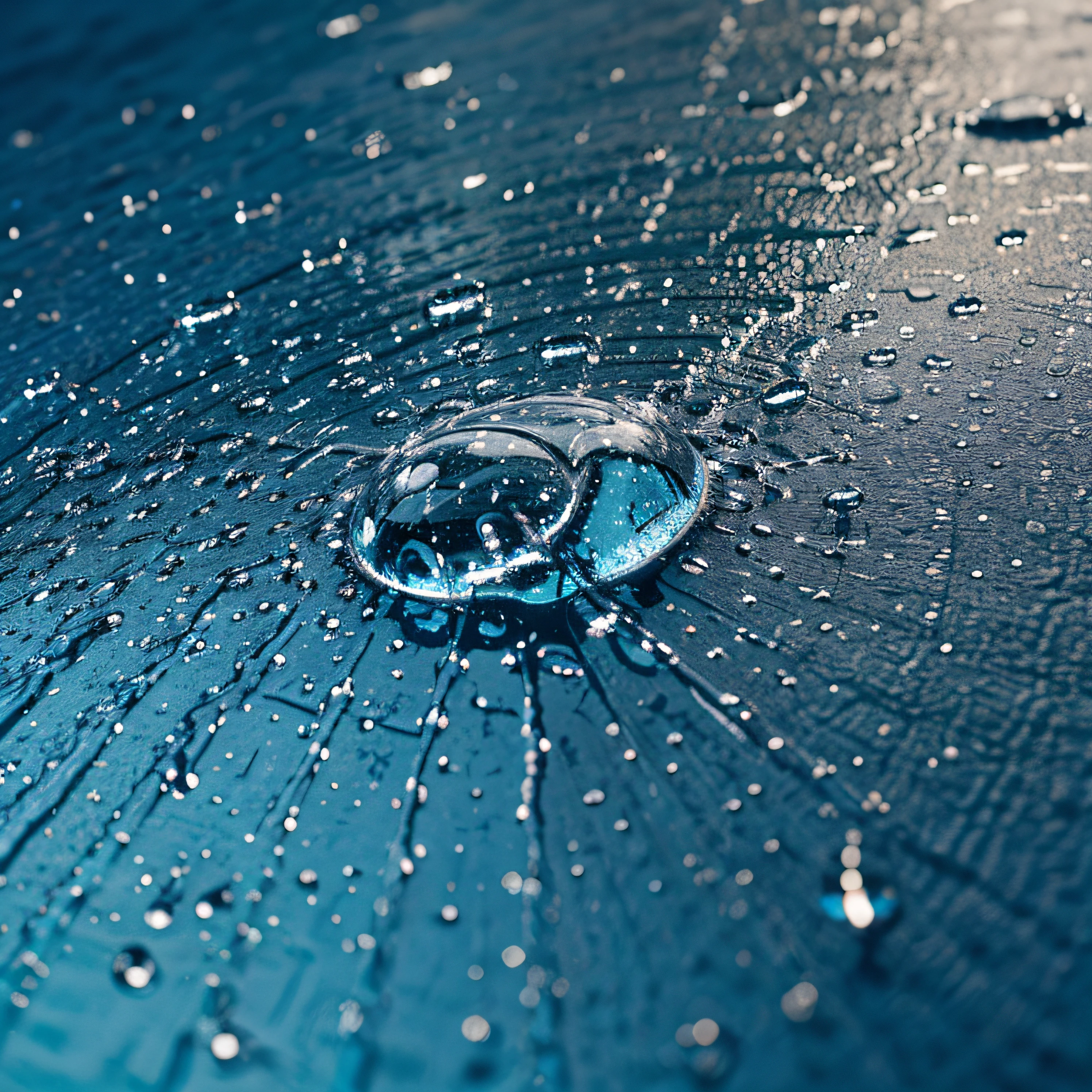 raindrops with water splashes on blue background