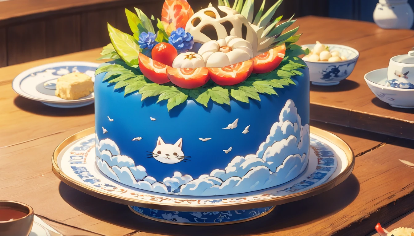 Blue and white porcelain cake