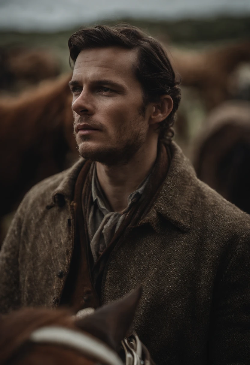 man on horse, complex surroundings, huge net following the horse, cinematic lighting, cinematic photography, moody, high quality
