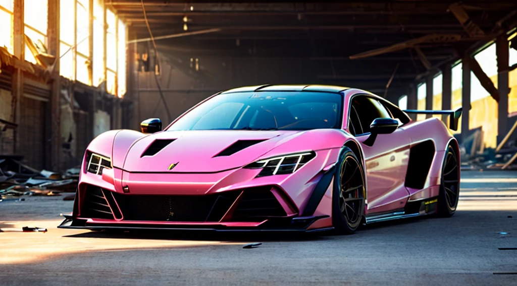 Supercar concept art((pink and black paintwork)), LB-Silhouette WORKS body kit, Forza horizon, gran Turismo aesthetic, trending on artstation, cgsociety, side angle shot, custom design build, cinematic composition, sd HDR studio light, sharp details, crisp, accurate, meticulous, assaul vehicle, military grade, 3ds max, corona render, sharp, focus, menacing look, large rear spoiler, high performance enhanced exhaust system, ((liberty walk body kit)); photo realistic, insanely detailed, ray tracing, subsurface scattering 8k, ((parked in an abandoned warehouse, derelict and lifeless space)), directional lighting, hazy and atmospheric, ominous, stealth built, highly detailed racing interior,
