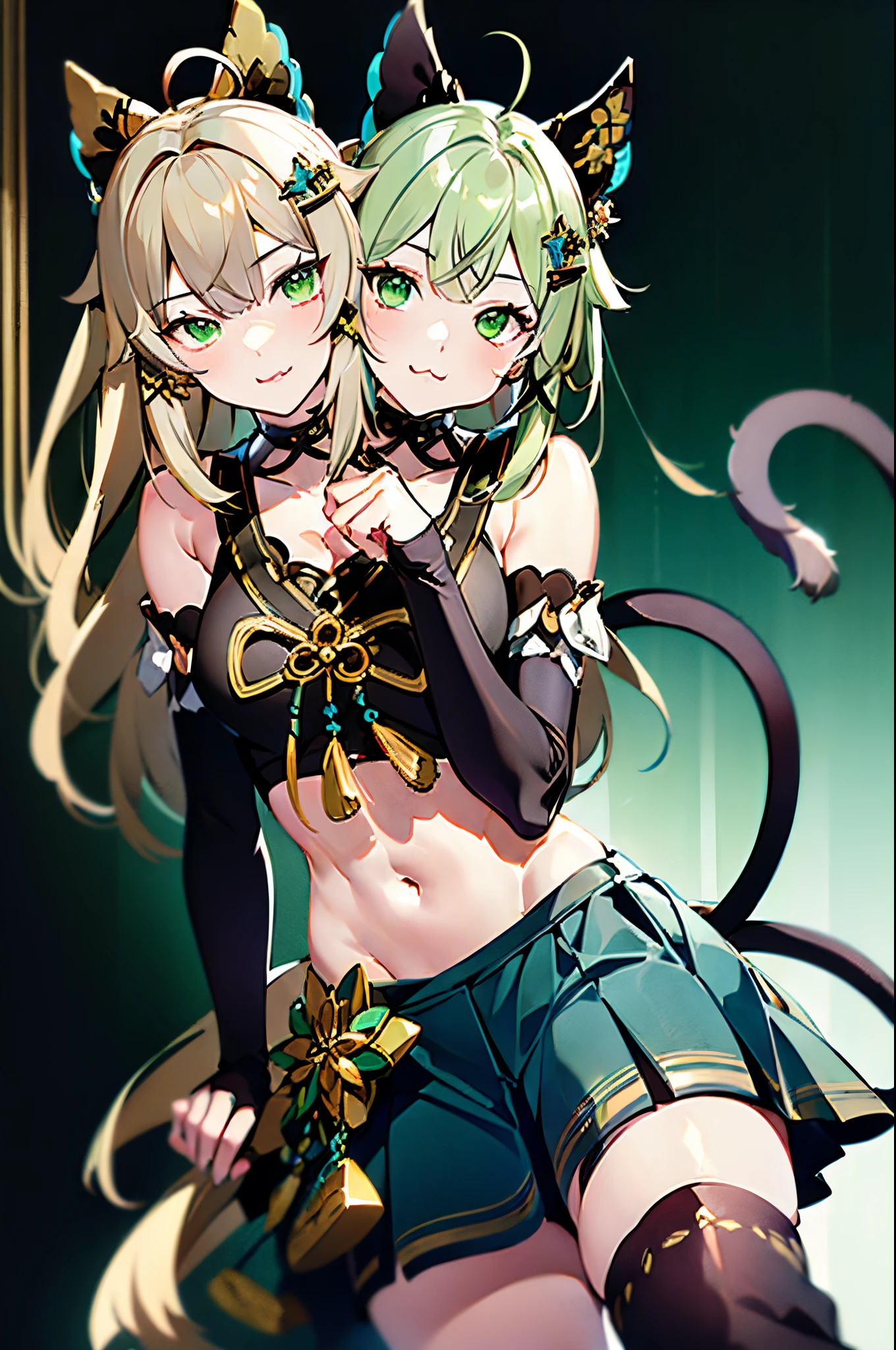 (2heads:1.5), 1girl, beautiful, green eyes, blonde hair, green eyes, ahoge, hair ornament, bare shoulders, black crop top, navel, detached sleeves, elbow gloves, fingerless gloves, tail, and skirt, nya, :3, (masterpiece), (high quality), (best resolution)