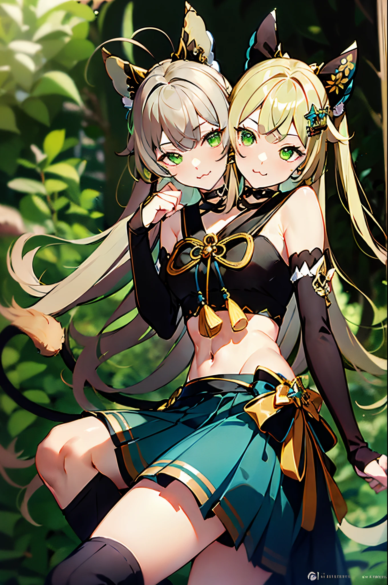 (2heads:1.5), 1girl, beautiful, green eyes, blonde hair, green eyes, ahoge, hair ornament, bare shoulders, black crop top, navel, detached sleeves, elbow gloves, fingerless gloves, tail, and skirt, nya, :3, (masterpiece), (high quality), (best resolution)