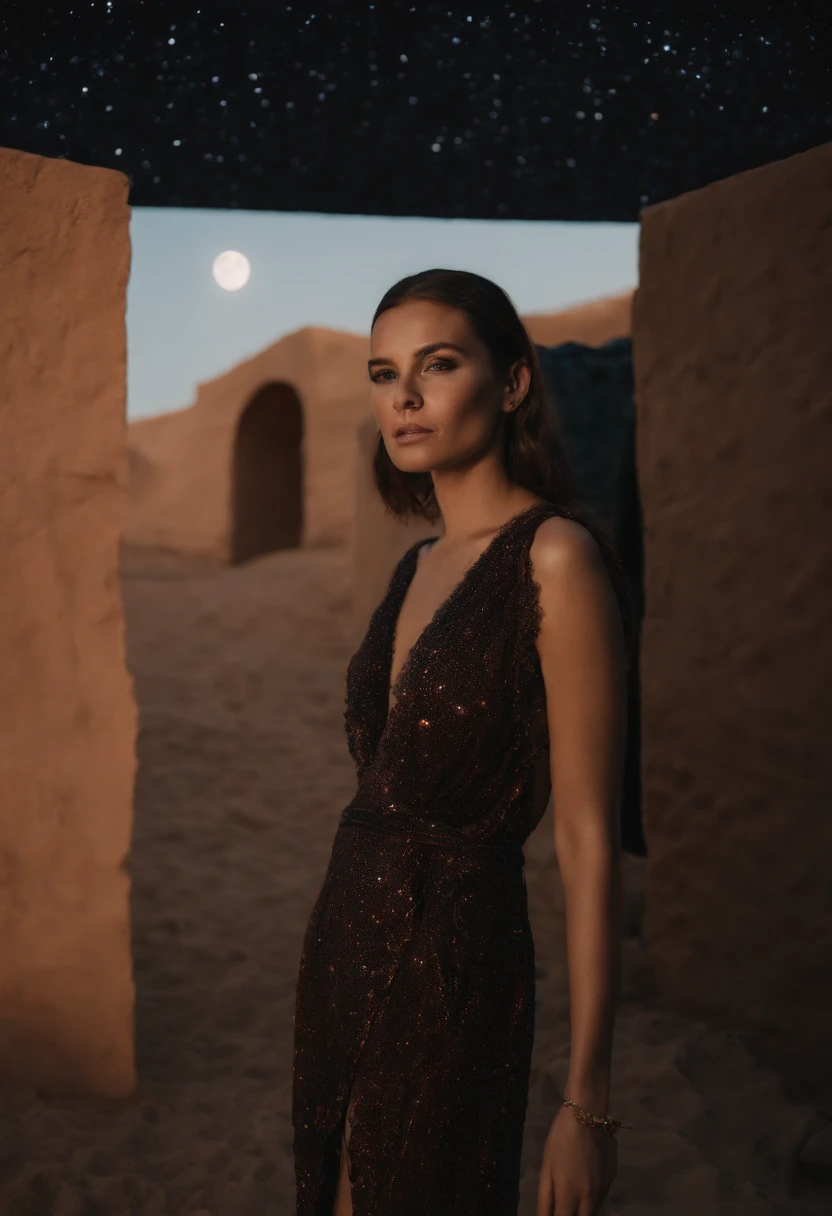 full body photo of Her otherworldly high fashion portrait seen Behind illusory diaphanous blacklight starry isometric patterned screen desert cosmic sky, unexpected elements, fashion photography, low angle photography
