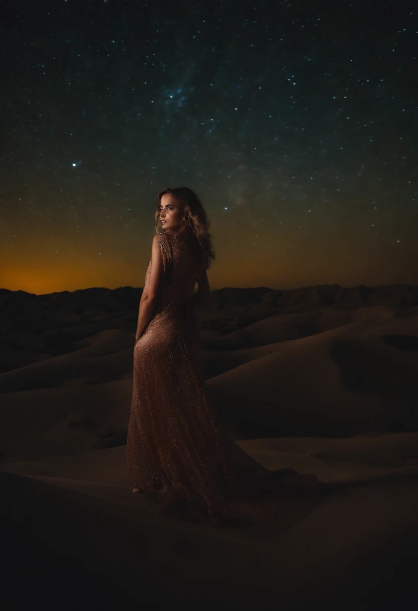 full body photo of Her otherworldly high fashion portrait seen Behind illusory diaphanous blacklight starry isometric patterned screen desert cosmic sky, unexpected elements, fashion photography, low angle photography