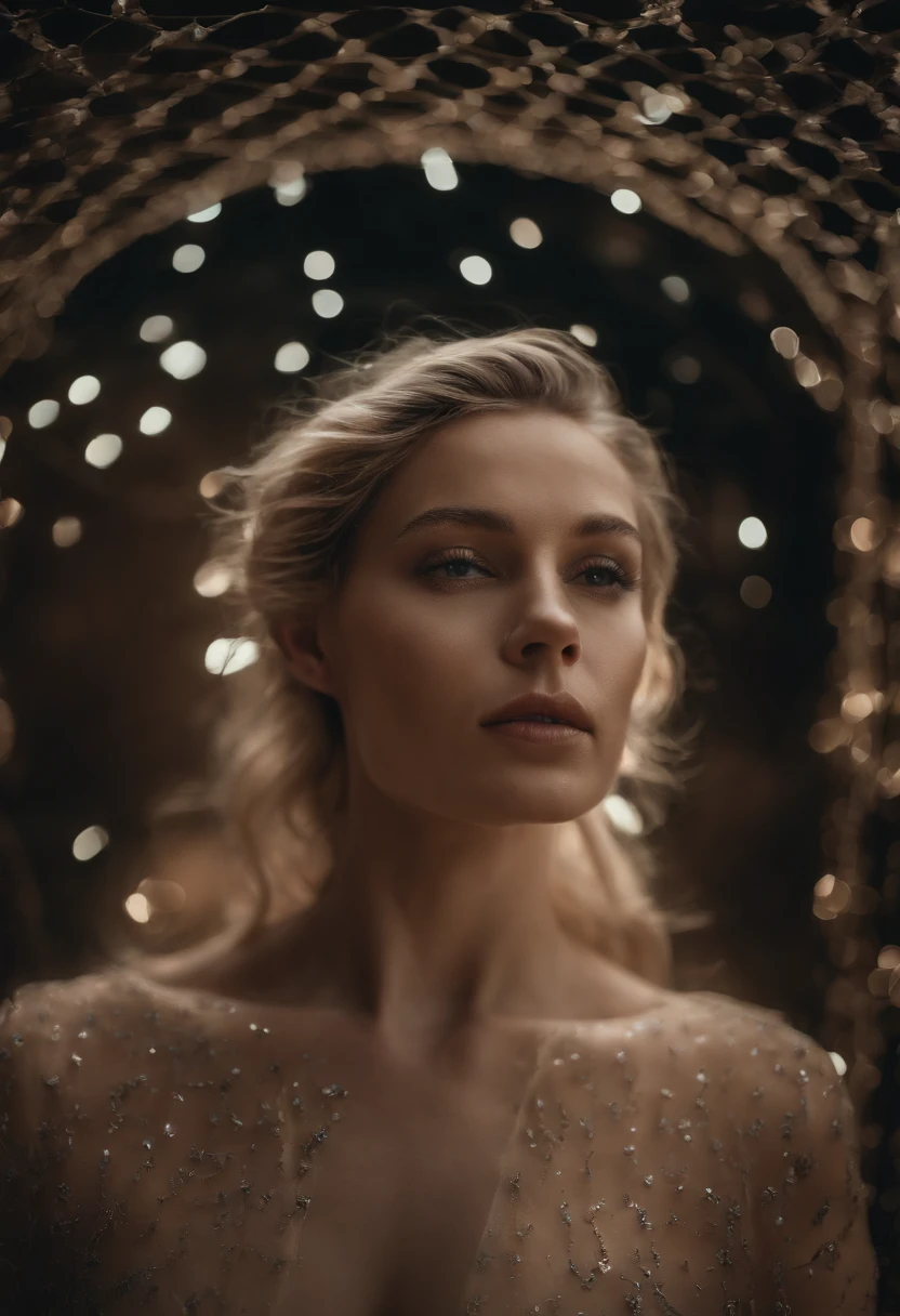full body photo of Her otherworldly high fashion portrait seen Behind illusory diaphanous blacklight starry isometric patterned screen desert cosmic sky, unexpected elements, fashion photography, low angle photography