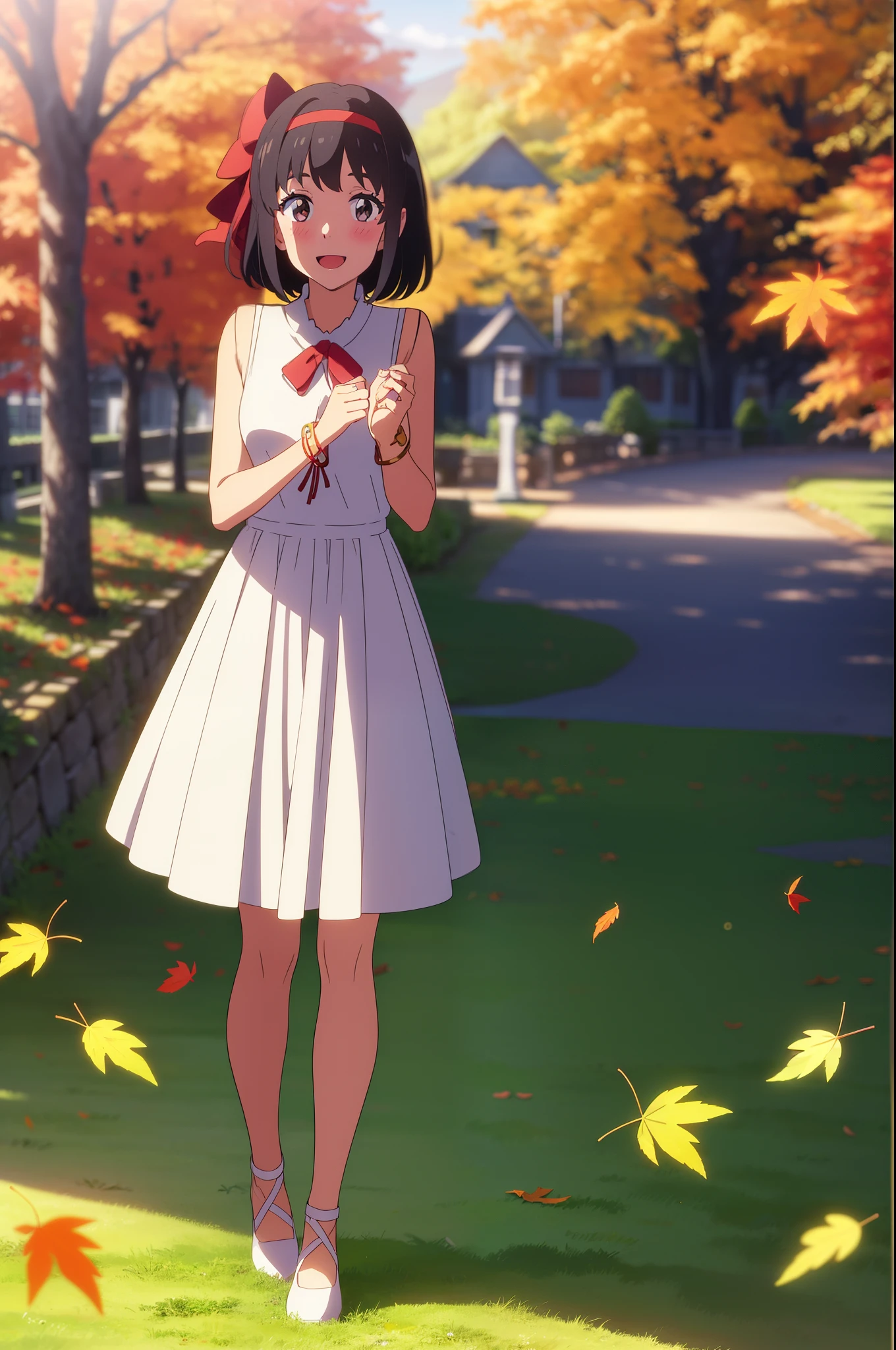 (masterpiece, best quality, high quality, highres, ultra-detailed), shinkai makoto, kimi no na wa., 1girl, bangs, black hair, blush, bright eyes, brown eyes, headband, looking at the viewer, red bow, red headband, red ribbon, dress, white dress, short hair, medium breasts, solo,  day, Outdoors, shiny skin, standing, shadow, smile, happy, :D, bracelet, {{{{{{in autumn}}}}}}, maple tree, falling leaves, autumn scenery, warm color., beautiful, pretty, {{{{fluttering leaves}}}}
