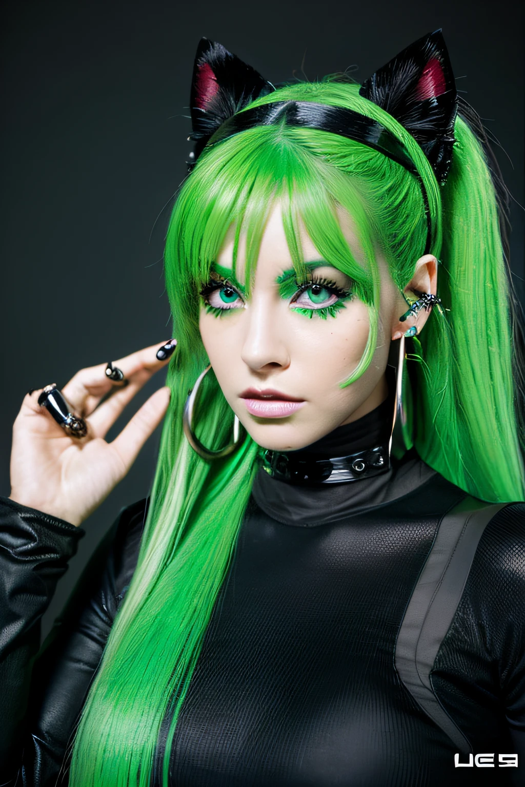 Sci-Fi World、Real Women、Face Barbara Palvin、Green hair、Longhaire、Green eyes、Piercings in both ears、Tattoos on the body、Black background。