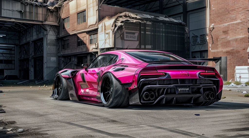 Supercar concept art((pink and black paintwork)), LB-Silhouette WORKS body kit, Forza horizon, gran Turismo aesthetic, trending on artstation, cgsociety, side angle shot, custom design build, cinematic composition, sd HDR studio light, sharp details, crisp, accurate, meticulous, assaul vehicle, military grade, 3ds max, corona render, sharp, focus, menacing look, large rear spoiler, high performance enhanced exhaust system, ((liberty walk body kit)); photo realistic, insanely detailed, ray tracing, subsurface scattering 8k, ((parked in an abandoned warehouse, derelict and lifeless space)), directional lighting, hazy and atmospheric, ominous, stealth built, highly detailed racing interior,