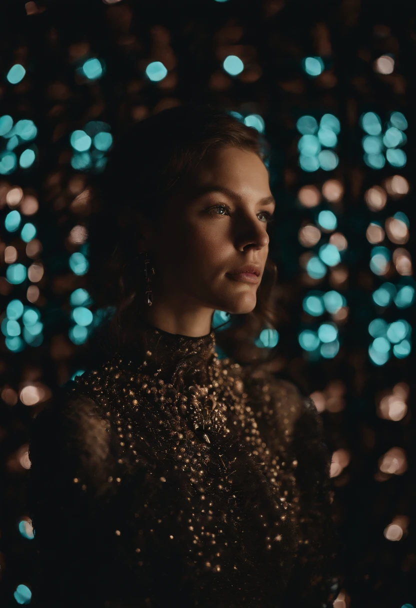 Her otherworldly high fashion portrait seen Behind illusory diaphanous blacklight starry isometric patterned screen desert cosmic sky, fashion photography, low angle photography