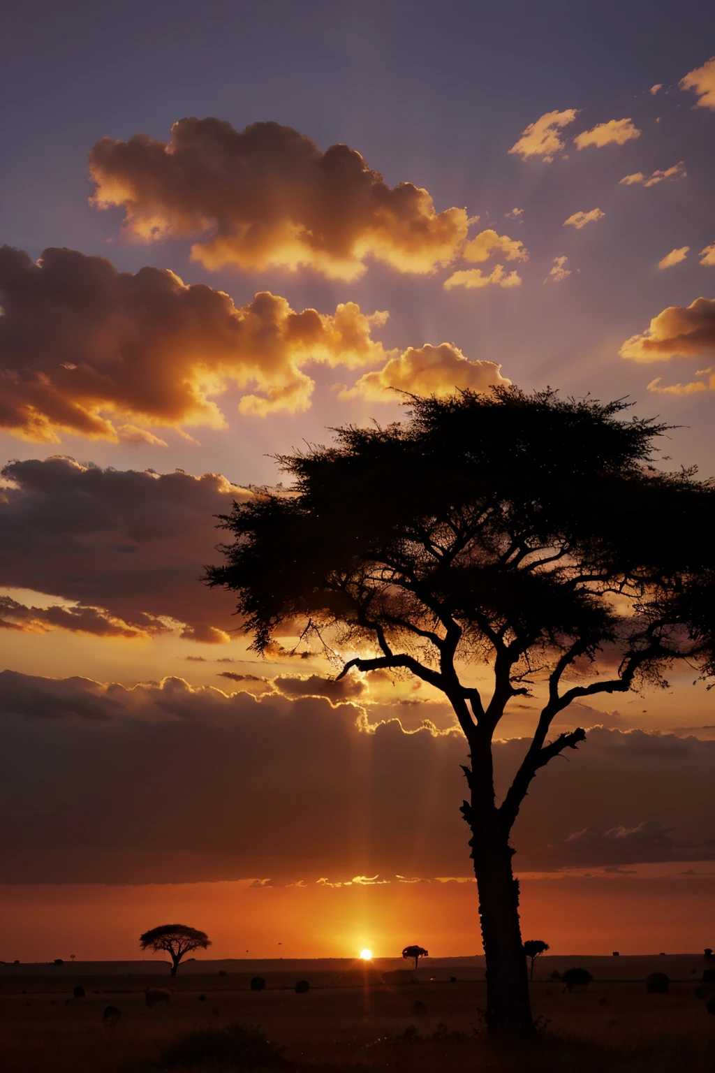 Transport yourself to the African savannah with this stunning image of a vibrant sunset, where the silhouette of a solitary tree stands out against the colorful sky.
