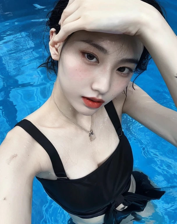 there is a woman in a black top and a black skirt in a pool, xintong chen, wenfei ye, pale porcelain white skin, cai xukun, taejune kim, dilraba dilmurat, jinyoung shin, ulzzang, xision wu, she looks like a mix of grimes, (12x) extremely pale white skin