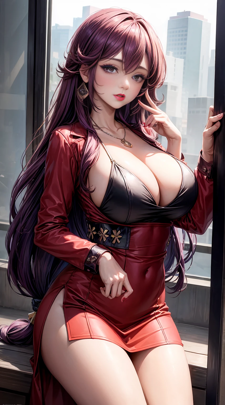 masterpiece:1.5, best quality:1.5, aesthetic, beautiful detailed hair detailed face, perfect feminine face, 1girl, sidelocks, cinematic lighting, sharp focus,large breasts , mature female, ,16k, glowing eyes, detailed 4k eyes, playground,seduction,sexy lips, parted lips,detailed lips, red lips, high detailed background,((big brown eyes)), detailed face, clara_ma,solo, long hair,earrings,cleavage,huge breasts,necklace,purple hair,brown eyes,mature female,red dress,lipstick,curvy,formal,skirt,red jacket,very long hair,hair intakes,suit,white shirt, peek bra, 1girl, breasts, jewelry, solo, long hair, earrings, cleavage, huge breasts, necklace, hand on hip, purple hair, looking at viewer, brown eyes, mature female, dress, miniskirt, lipstick, makeup, by sakimichan, george kamitani, akira yasuda, trending on artstation, pixiv, danbooru