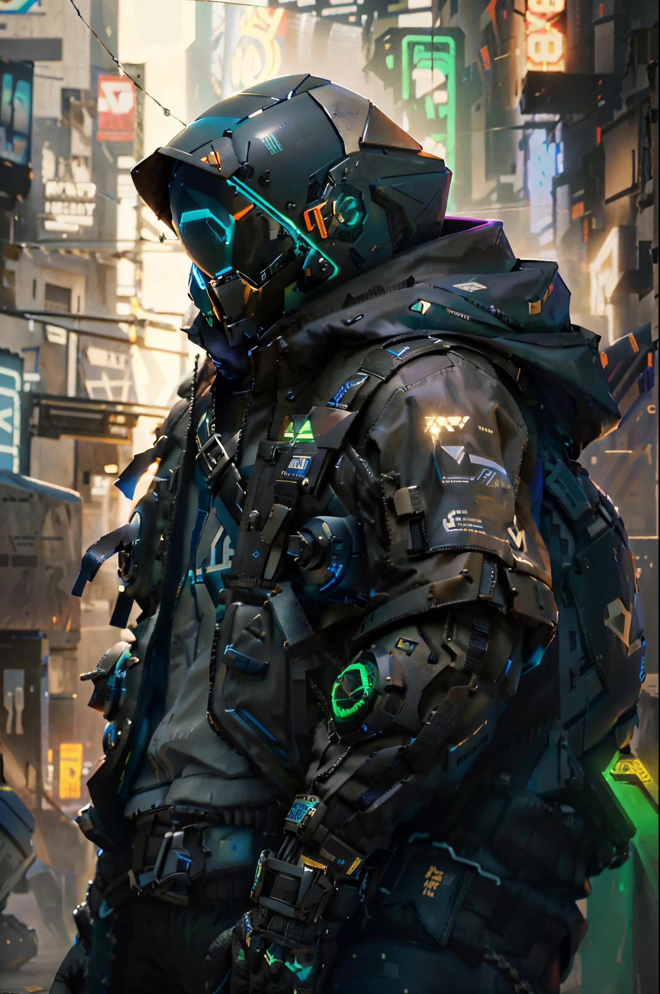 las marcas de la chaqueta convierte en triangulos azul neon, agrega un  cibercasco realista del estilo daftpunk pero mas rudo e intimidante