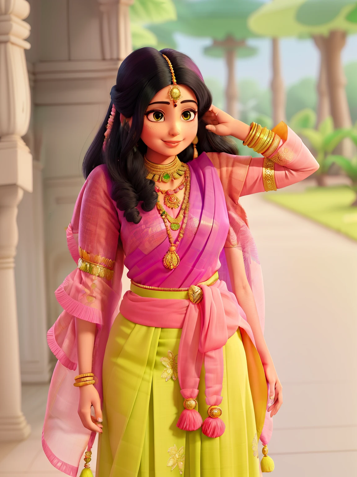 araffe woman in a green and pink sari and a pink blouse, wearing bihu dress mekhela sador, dressed in a sari, * colour splash *, wearing an ornate outfit, wearing an elegant tribal outfit, wearing a sari, traditional beauty, wearing sari, indian style, green magenta and gold, wearing traditional garb, wearing gorgeous clothing