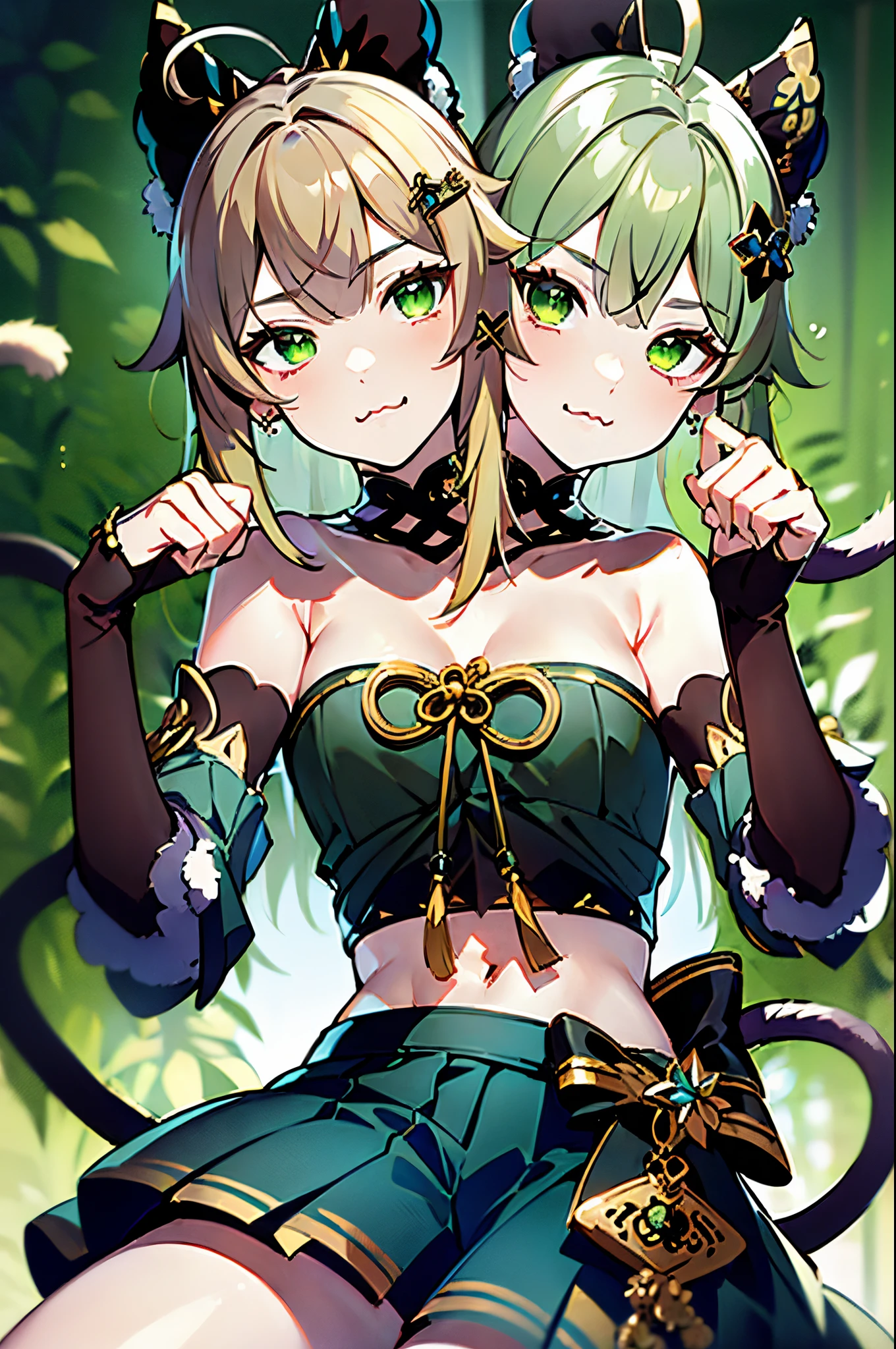 (2heads:1.5), 1boy, flat chest, beautiful, green eyes, blonde hair, green eyes, ahoge, hair ornament, bare shoulders, black crop top, navel, detached sleeves, elbow gloves, fingerless gloves, tail, and skirt, nya, :3, (masterpiece), (high quality), (best resolution)