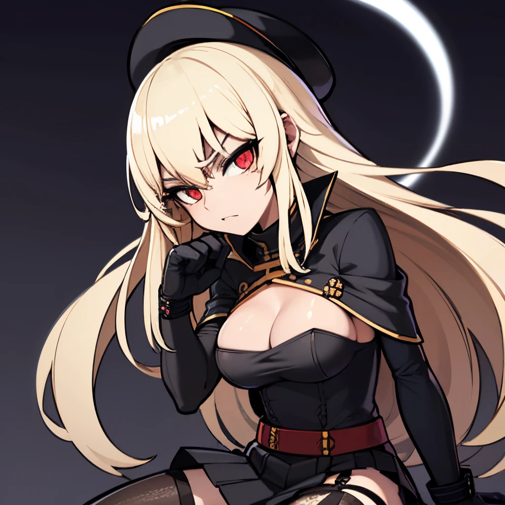 hyper extreme detailed), (masterpiece), (hyper extreme), (photorealistic), CG, (color: 1.2), beautiful lighting, front light, rating: safe, solo, bismarck, blonde hair, long hair, eyes red, black_gloves, garter_straps, zettai_ryouiki, pleated_skirt, black_skirt, stoking, high_heels, black shrite, long_sleeves, black_cape, short_dress, wearing military hat, saber gloves, looking lewd, sideboobs