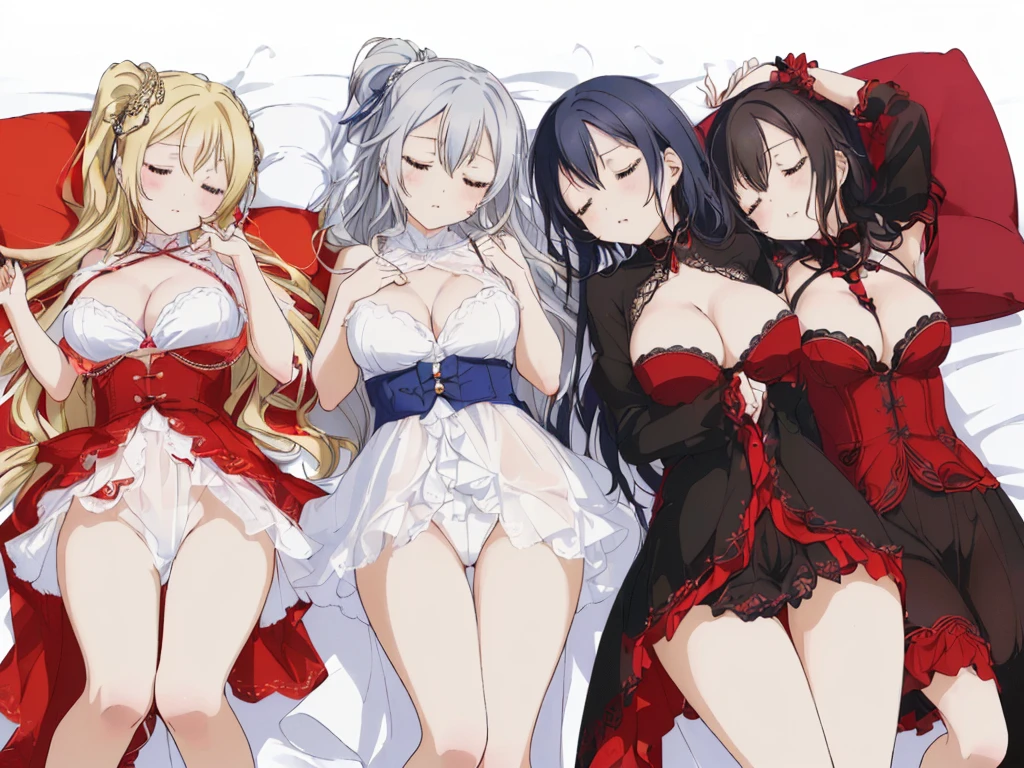 (Women sleeping in a row with their legs spread wide:1.5, spreading legs:1.5), (masterpiece, best quality, ultra detailed), (superior proportions body, nsfw, huge breasts, cleavage, middle hips, slender glamour), (perfect anatomy, symmetry, best proportion, detailed face, detailed eyes, detailed hair, detailed perfect hands), jeanne d arc,