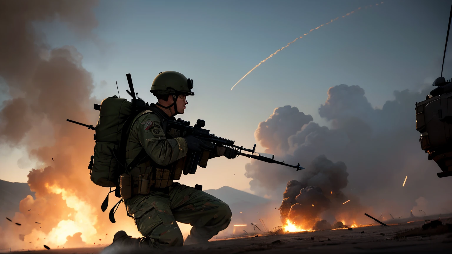 A dynamic and intense scene of a skilled soldier in action as they fire their weapon from inside a military helicopter. The composition showcases the soldier in a dramatic mid-action pose, capturing the intensity of the moment. The lighting is atmospheric, with subtle shadows and highlights adding depth to the scene. The environment outside the helicopter depicts a chaotic battle, with explosions and smoke filling the air. The overall style of the image is realistic, with intricate details in the soldier's uniform, equipment, and facial expression, conveying their determination and courage.