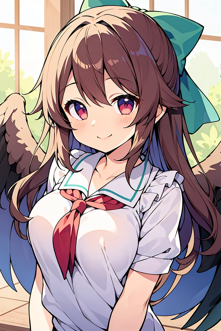 (masterpiece, best quality:1.2), upper body, solo, 1girl, reiuji utsuho, third eye, smile, looking at viewer, hair bow, shirt, puffy short sleeves, wings