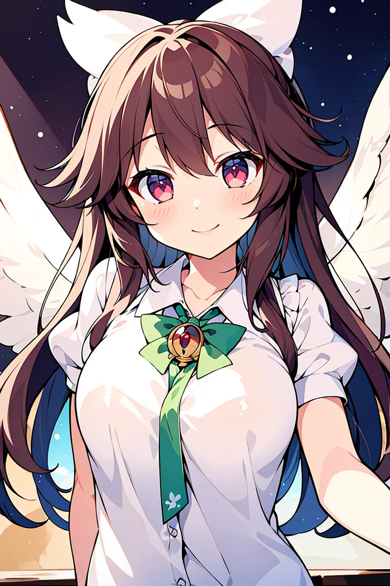 (masterpiece, best quality:1.2), upper body, solo, 1girl, reiuji utsuho, third eye, smile, looking at viewer, hair bow, shirt, puffy short sleeves, wings