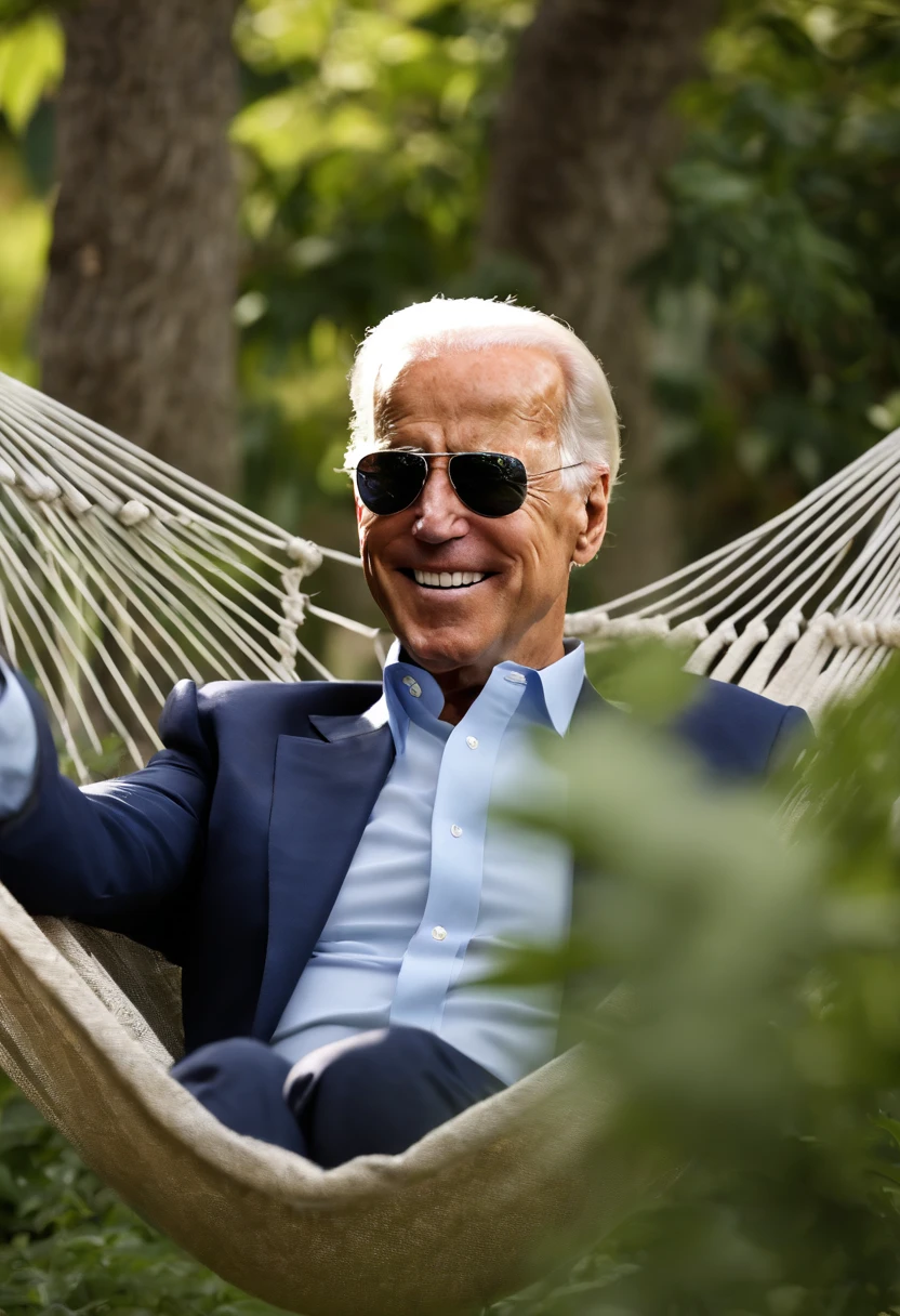 A photo of Joe Biden calmly enjoying a peaceful afternoon nap in a cozy hammock amidst a lush garden,original, Joe Biden, the President of the United States, is typically seen in a suit and tie, often with a smile and aviator sunglasses, which have become somewhat of a trademark look for him. He has white hair, blue eyes, and is known for his friendly demeanor., male