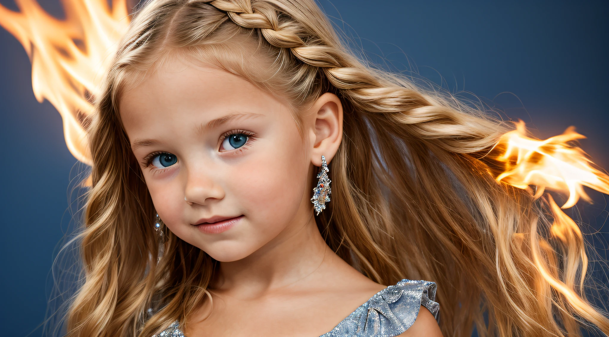 close-up CHILDREN BLONDE GIRL WITH LONG HAIR BRAIDS, em um fundo AZUL GELO., usando um vestido prateado, vestido prateado e halo em chamas, Studio photo session, fundo branco.