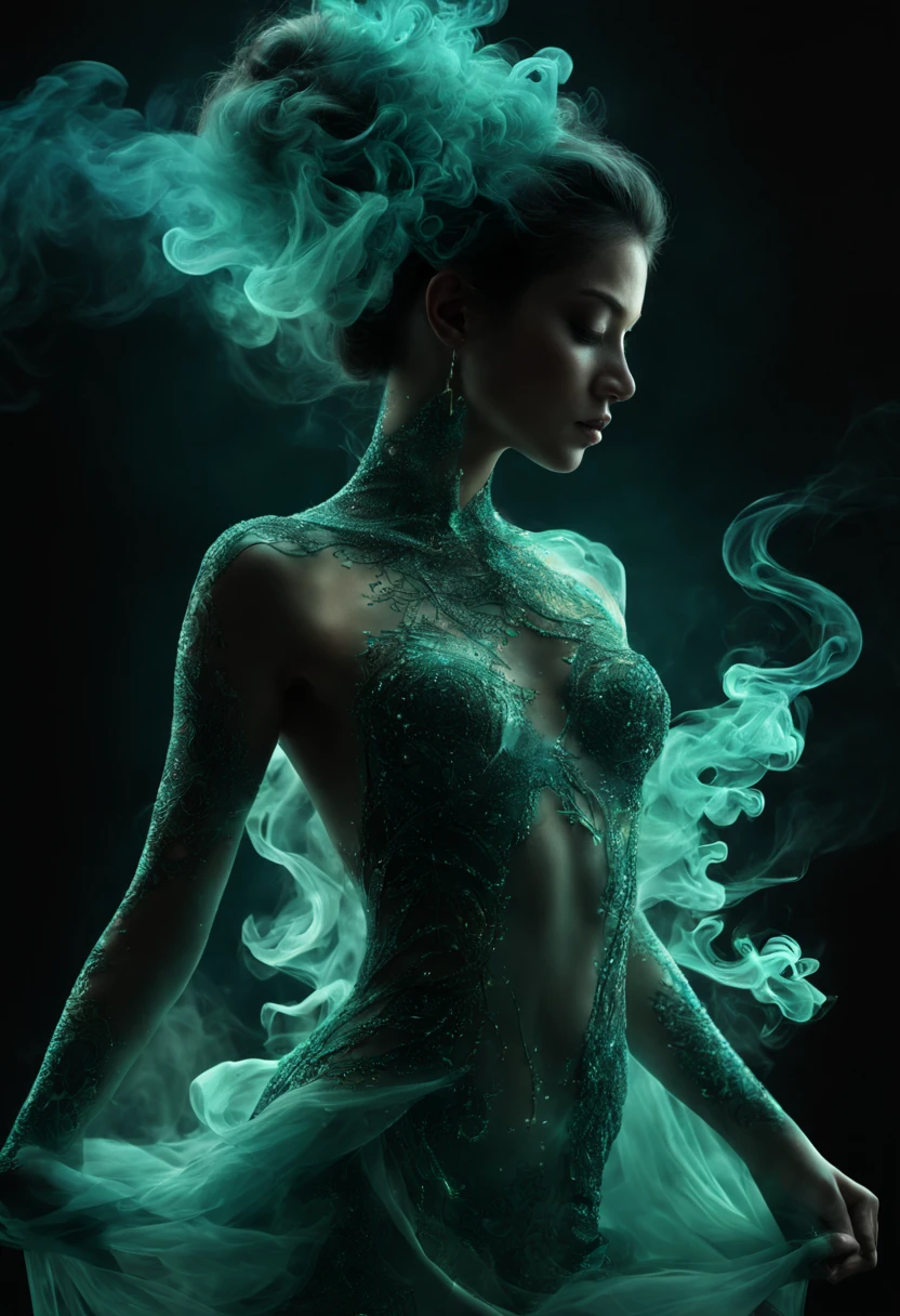 Hybrid, full-length body art, digital art, drawing, mint string fractal, symbiosis of flowing glitter fills from the silhouette of a beautiful girl in an unusual pose and magic smoke, soft lighting, intricate, dark botanical, diamond glow, aesthetic, beautiful, 64k, high resolution, realistic, close-up, high-detail