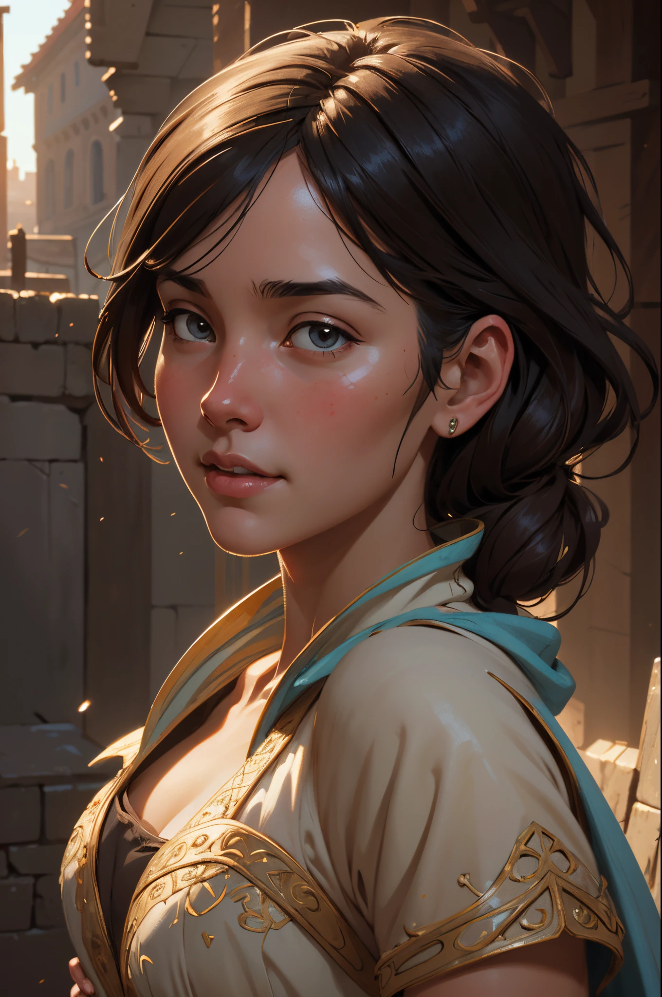 medieval girl, joyful, hope, close-up portrait, intricate, elegant, volumetric lighting, scenery, digital painting, highly detailed, artstation, sharp focus, illustration, concept art, ruan jia, steve mccurry