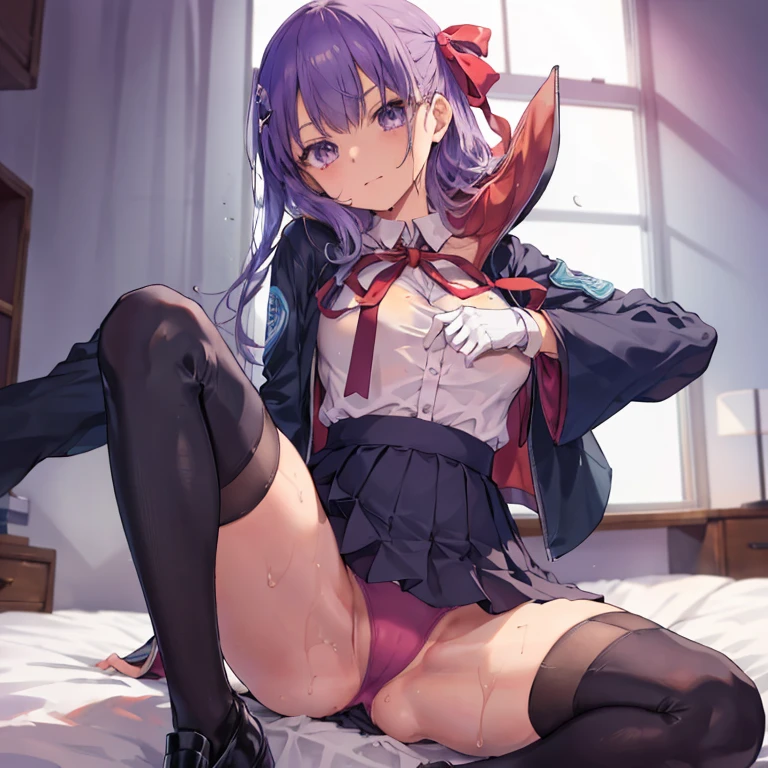 FECCC, AiKouhaiOutfit, 1girl, solo, (spreading legs:1.5, wet panties, reaching out:1.2, ), cool pose, bedroom background, (ultra close distance front face shot:1.1),