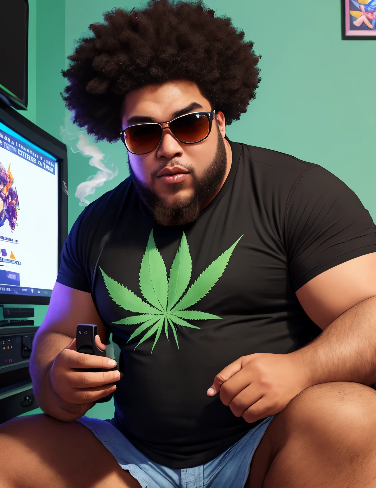 big mixed man with afro smoking a lot of weed and taking dabs in the future wearing sunglasses playing videogames