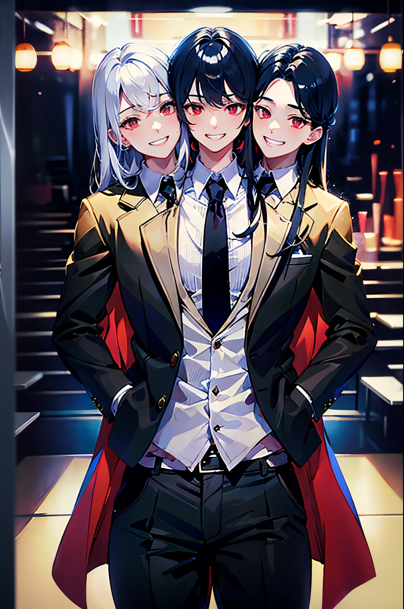 (3heads:1.5), 1girl, 1boy, solo, red eyes, black hair, long hair, grin, (handsome:1.1), (manly), suit, black pants, red tie, (masterpiece), (high quality), (best resolution), bangs