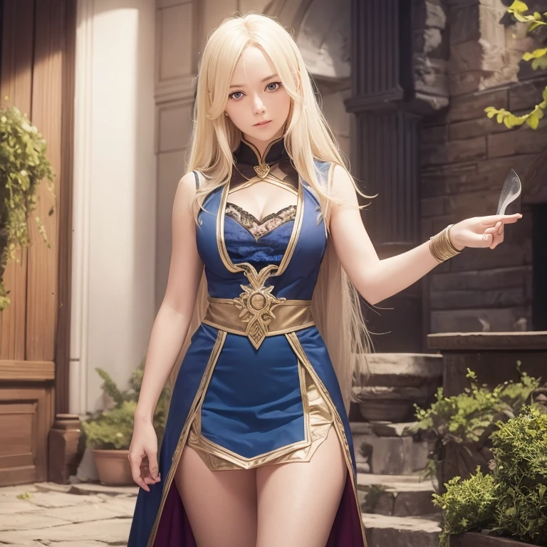 Noble Swedish blonde young female adult, mage apprentice, fair but not beautiful, weak, determined, confident, bratty in a magic academy, elegant, prude, proud, frail