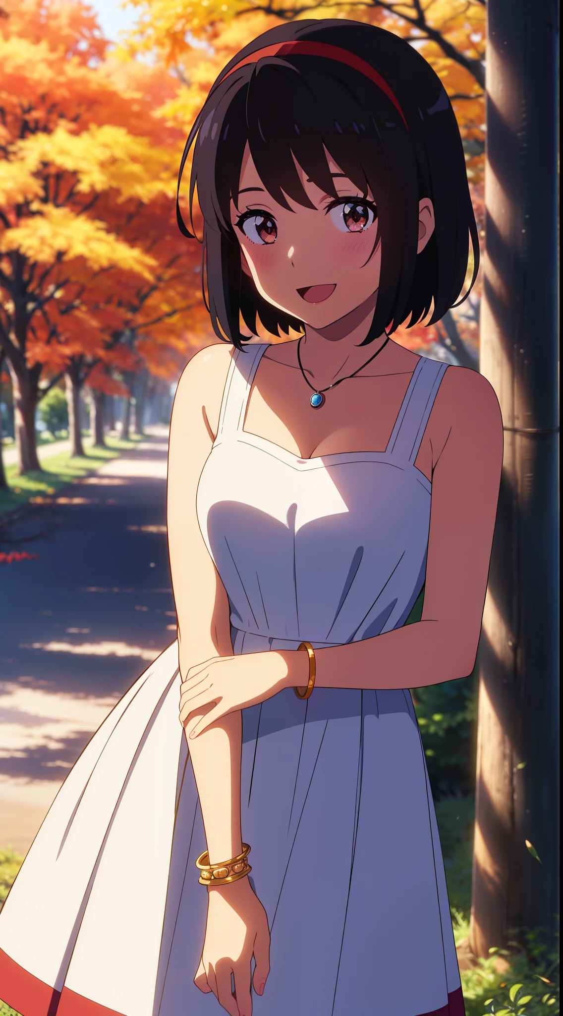 (masterpiece, best quality, high quality, highres, ultra-detailed), shinkai makoto, kimi no na wa., 1girl, bangs, black hair, blush, bright eyes, brown eyes, headband, looking at the viewer, red bow, red headband, red ribbon, dress, white dress, short hair, medium breasts, solo, day, Outdoors, shiny skin, standing, shadow, smile, happy, :D, bracelet, necklace, upper-body, {{{{{{in autumn}}}}}}, maple tree, falling leaves, autumn scenery, warm color., beautiful, pretty, {{{{fluttering leaves}}}}