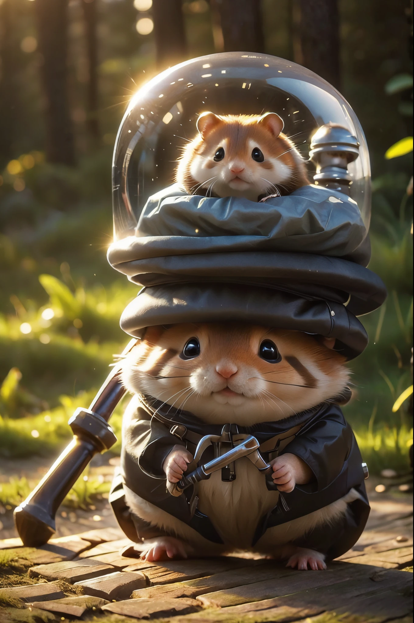 （（Close up of hamster wearing outdoor adventure suit and adventure hat））。Fluffy hamster，Carrying an engineer shovel on his back、hamster with sword，（tmasterpiece，complex mass，iintricate，最好质量，Realistic photography）