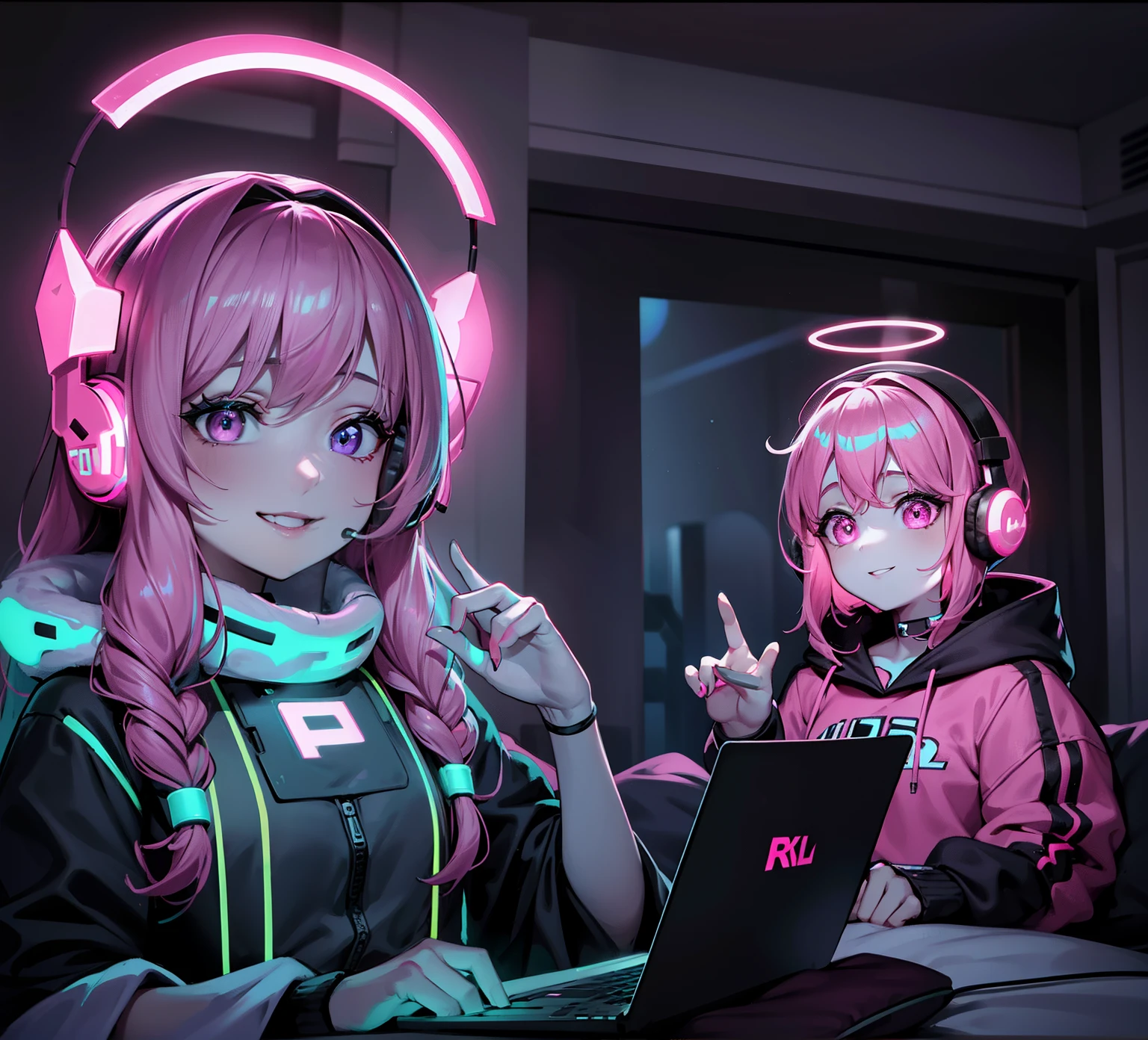 arafed woman wearing headphones and smiling while sitting in bed, pokimane, headphones dj rave, glowing pink face, with headphones, pink headphones, with head phones, glowing face, glowing halo, glowing hair, annoying sister vibes, she has a glow coming from her, creepy vibe, it is glowing, halo over her head, headphones