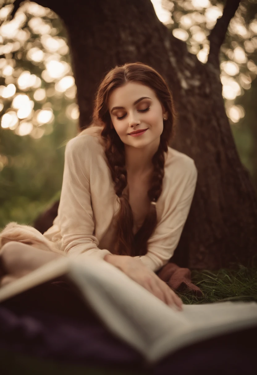 A photo of Bella sitting on a blanket in her backyard, with 'Dracula' open in front of her and a soft smile on her face as she reads.,Twilight Saga,Bella is a girl with a heart shaped face. She has pale skin and chocolate brown eyes. Her hair is the same colour as mahogany. , female