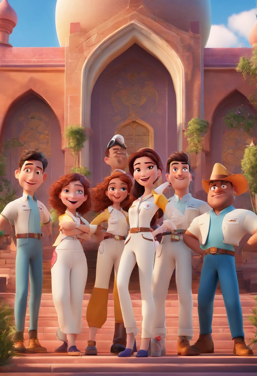 Disney Pixar poster, A group of people in white uniforms, in dark pants, wearing a songcock and handcuffs, smiling, stood in order in front of a colorful mosque with curved doors under the blue sky. 3D animation