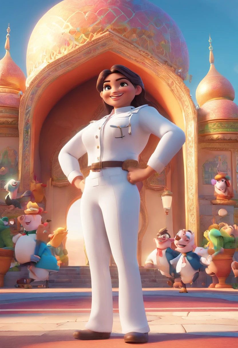 Disney Pixar poster, A group of people in white uniforms, in dark pants, wearing a songcock and handcuffs, smiling, stood in order in front of a colorful mosque with curved doors under the blue sky. 3D animation