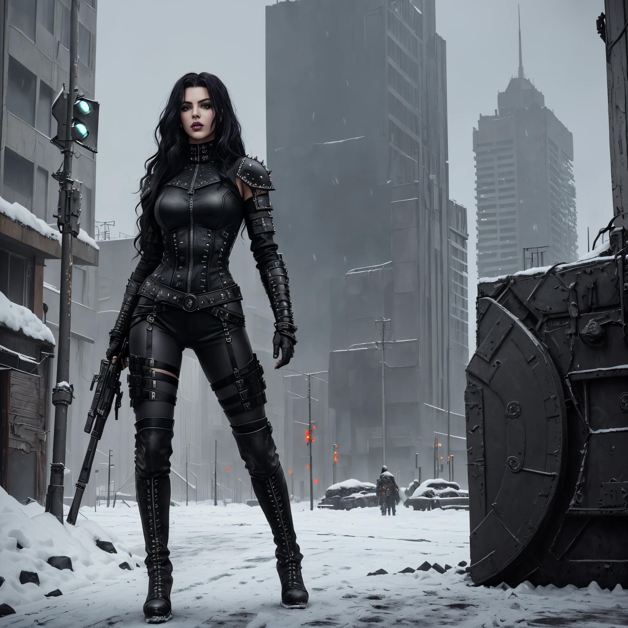Full body post apocalyptic movie poster in DC studio style Beautiful cyberpunk warrior girl in black metal studded leather armor, thigh-high black leather boots, black very long wavy hair, black eyes, purple lips, realistic skin texture, photo quality, blurred snowy winter desolate landscape