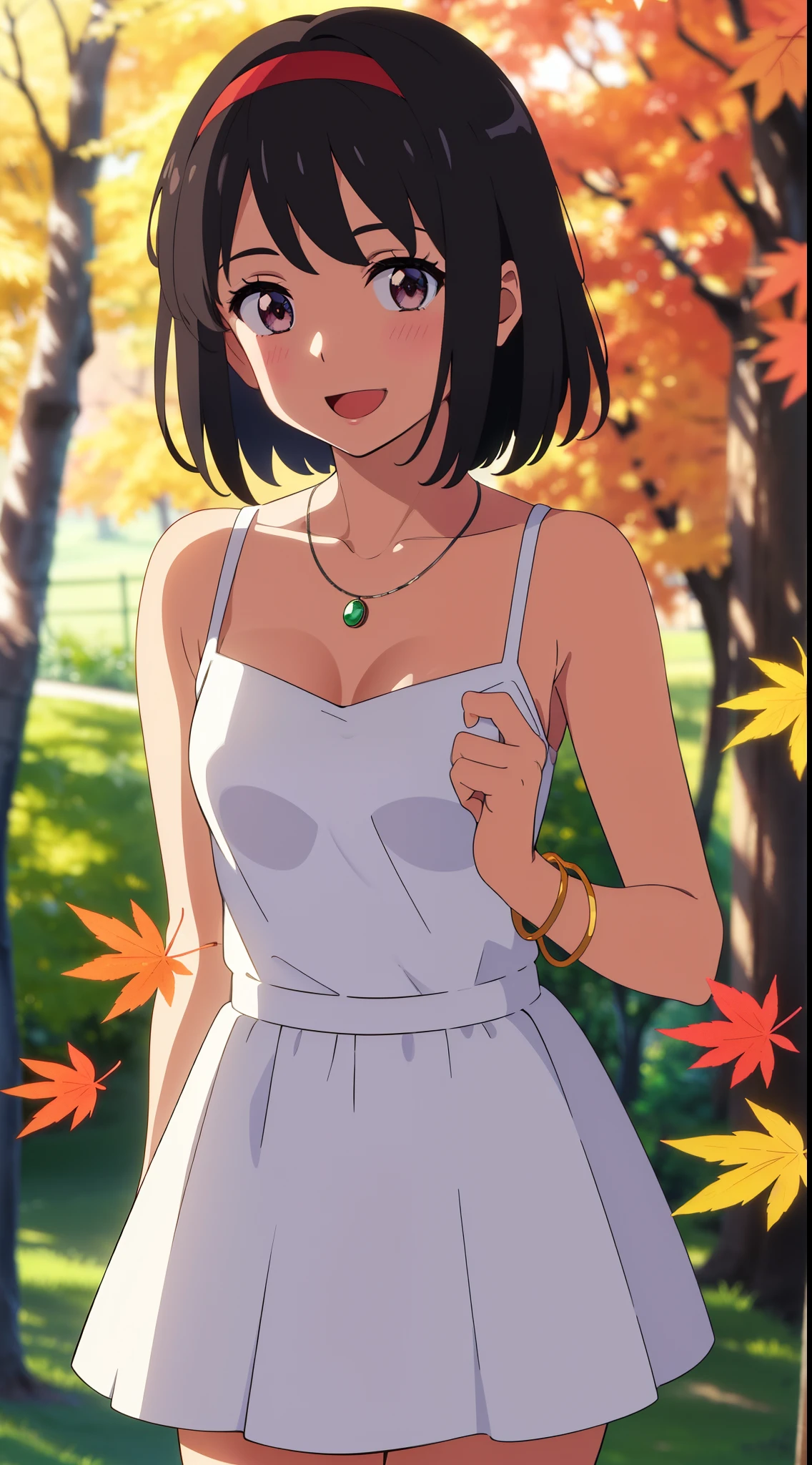 (masterpiece, best quality, high quality, highres, ultra-detailed), shinkai makoto, kimi no na wa., 1girl, bangs, black hair, blush, bright eyes, brown eyes, headband, looking at the viewer, red bow, red headband, red ribbon, dress, white dress, short hair, medium breasts, solo, day, Outdoors, shiny skin, standing, shadow, smile, happy, :D, bracelet, necklace, {{{{{{in autumn}}}}}}, maple tree, falling leaves, autumn scenery, warm color., beautiful, pretty, {{{{fluttering leaves}}}}