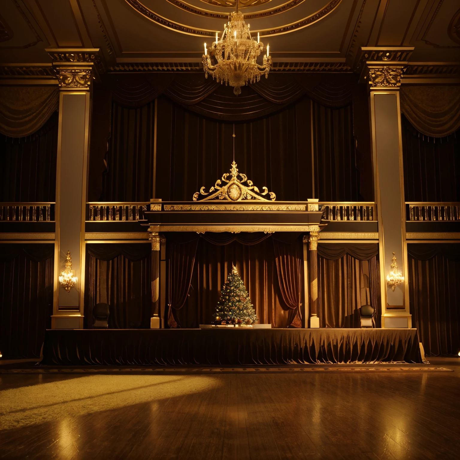1 christmas tree on the right , fireplace in the middle , ballroom background, backside of scenography elements, background of a golden ballroom, foreground background, ornate backdrop, large scale scene, stage background, background art deco palace, christmas night, inspired by Sydney Prior Hall, lavishly decorated, 3d set design