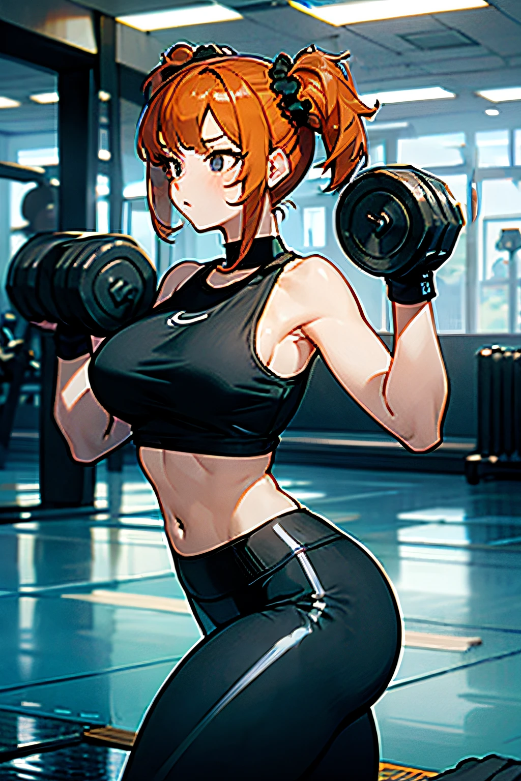 ((lifting weights)), twintails, ginger hair, short hair, black eyes, large breasts, black gloves, black tank top, black yoga pants, black scrunchie, indoors, gym, tiled blue floor